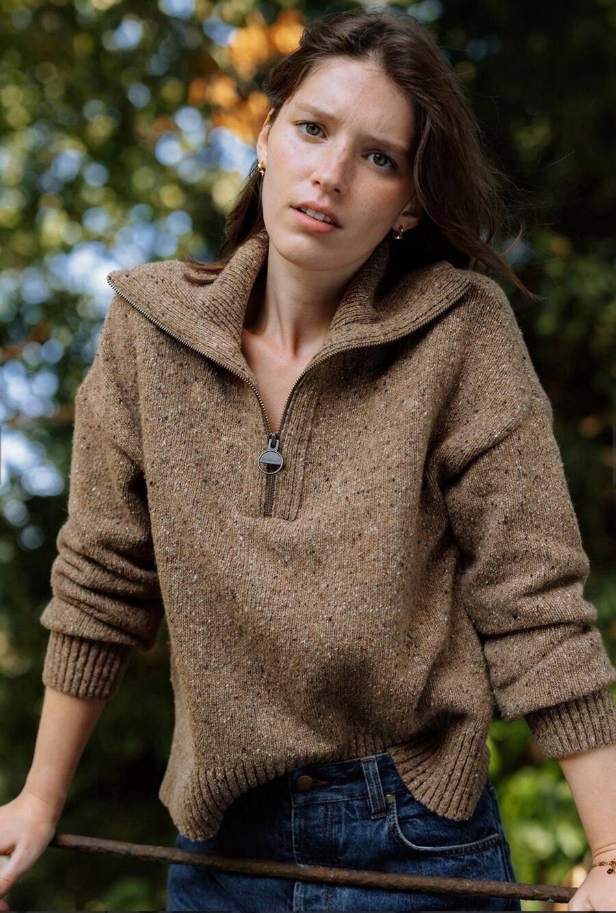 Barbour Women Lavensdale 1/2 Zip Wool Blend Sweater 12 Oatmeal Fleck Collared